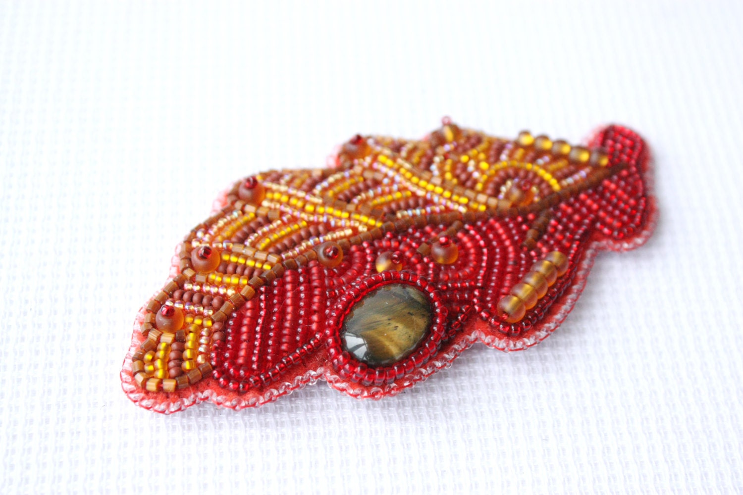 Brooch handmade Beaded Beadwork Embroidered brooch Leaf oak