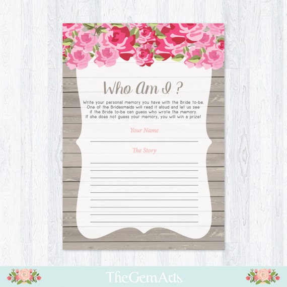 Who Am I Bridal Shower Game Rustic Wooden Floral Printable