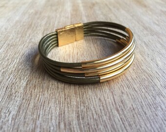 Leather Cuff Bracelet, Wrap Leather Bracelet, Green Brass, Multi Strand Leather bracelet, Leather Bangles, Tube Leather LB001263