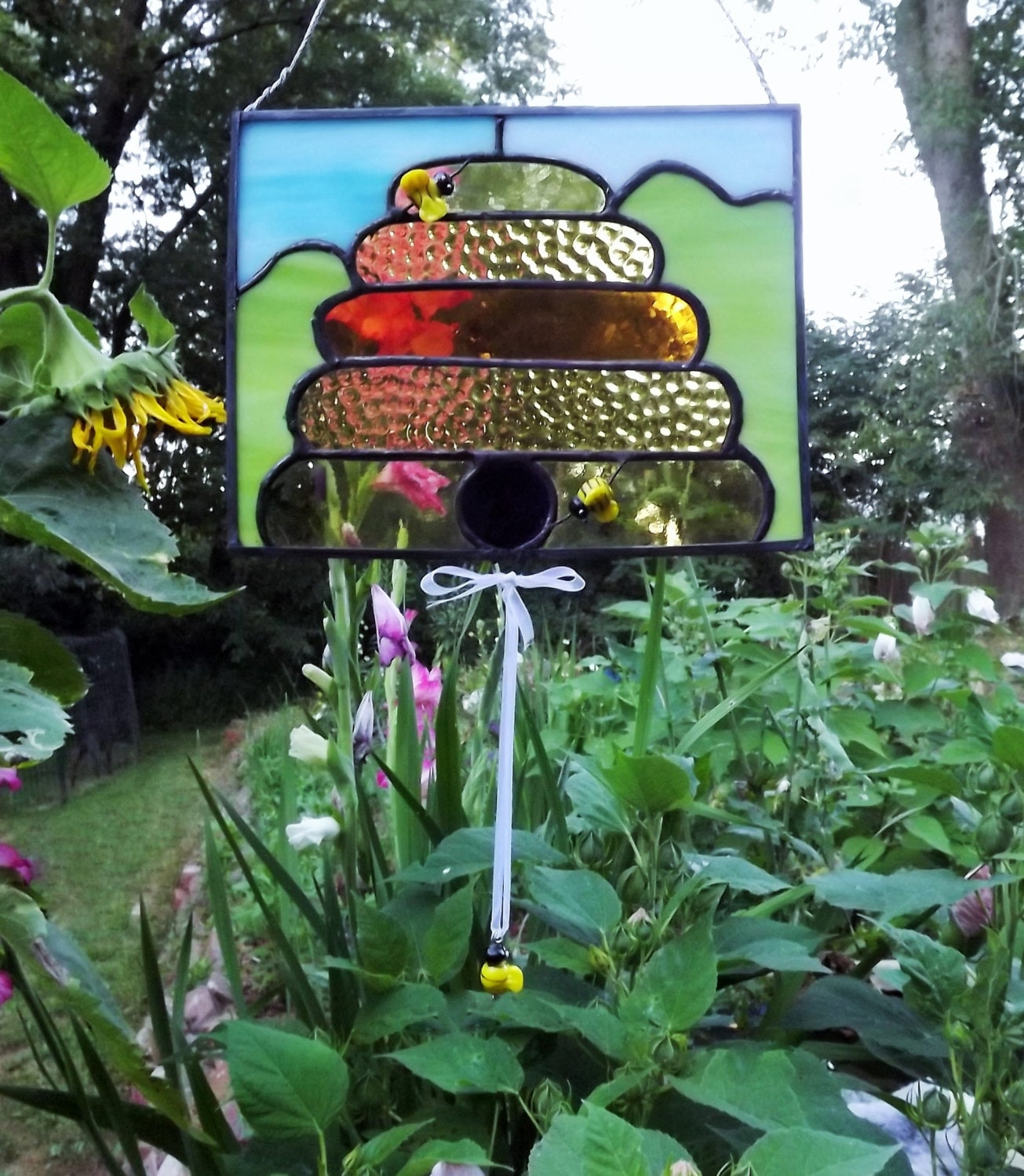 Stained Glass Bee Hive With Busy Bees Suncatcher