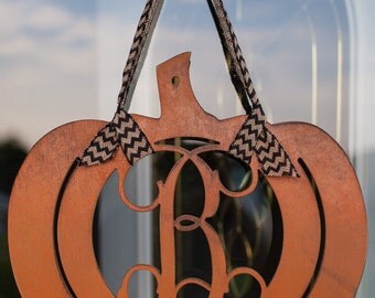 Fall Décor Orange Pumpkin Monogram Door Hanger – Pumpkin Initial –Pumpkin with Burlap Ribbon - Halloween Porch - Wooden Pumpkin Door Hanger