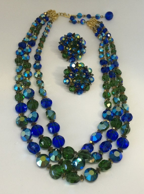 Vintage Hobe Demi Parure Necklace and Earrings Blue and Green
