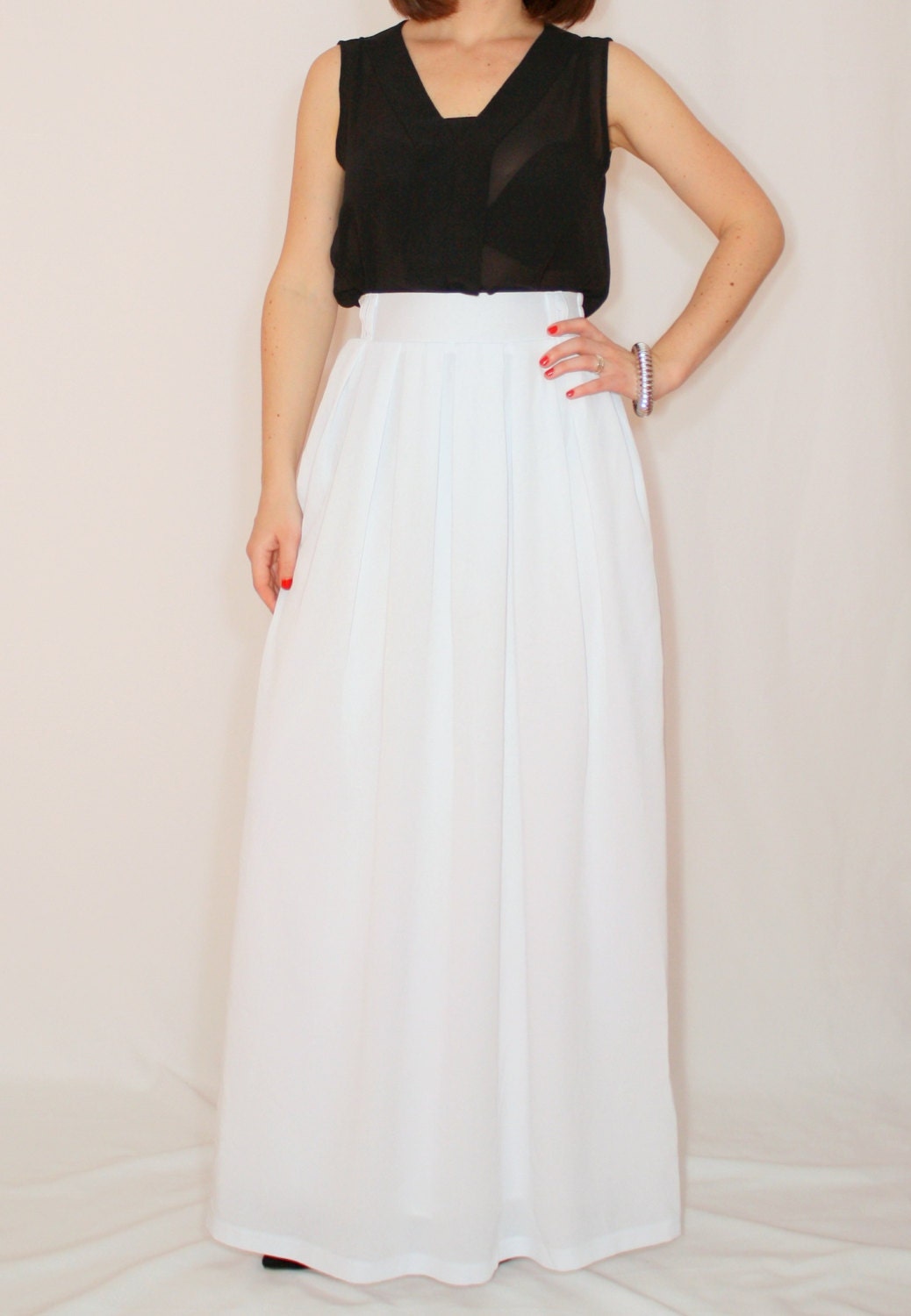 white ruched maxi skirt