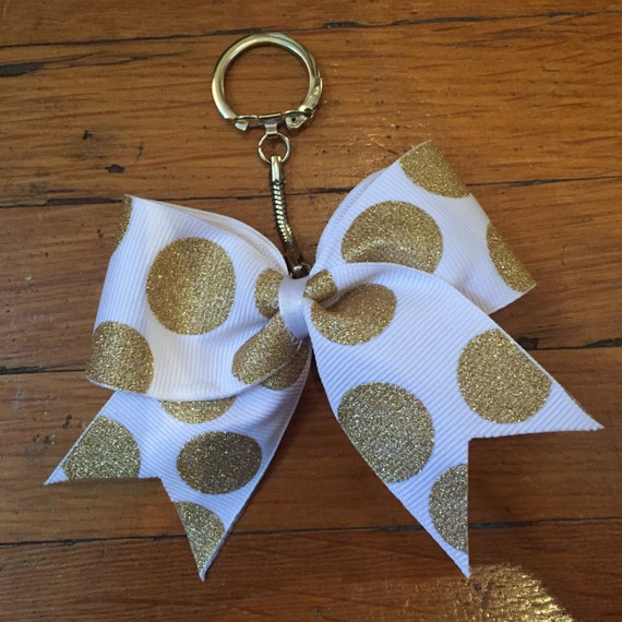 Mini Gold and White Polka Dot Cheer Bow Keychain
