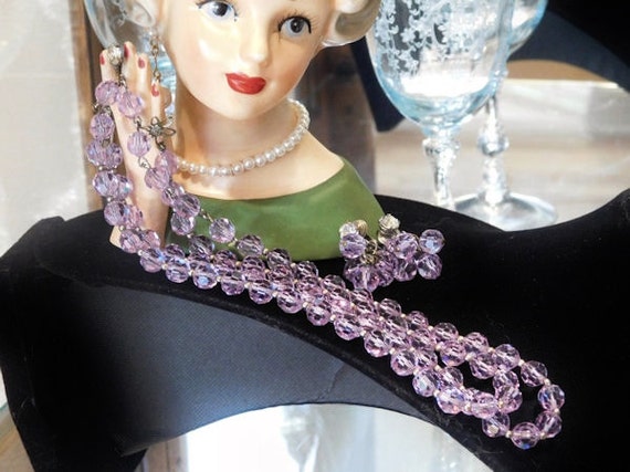 CASTLECLIFF 1940s Crystal Necklace Earrings Clip On Demi Parure Vintage Rhinestones Lilac Lavender Double Strand Choker Castle Cliff Wedding