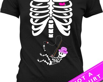 Pregnant Skeleton Shirt Halloween Pregnancy Announcement T Shirt Pregnancy Reveal Shirt Skeleton Baby Girl Fishing T-Shirt Ladies Tee MAT-49