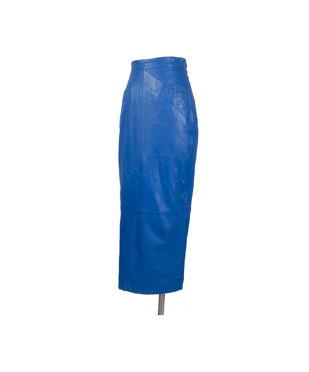 Vintage 80s Leather Skirt Blue Leather Skirt Hobble Skirt