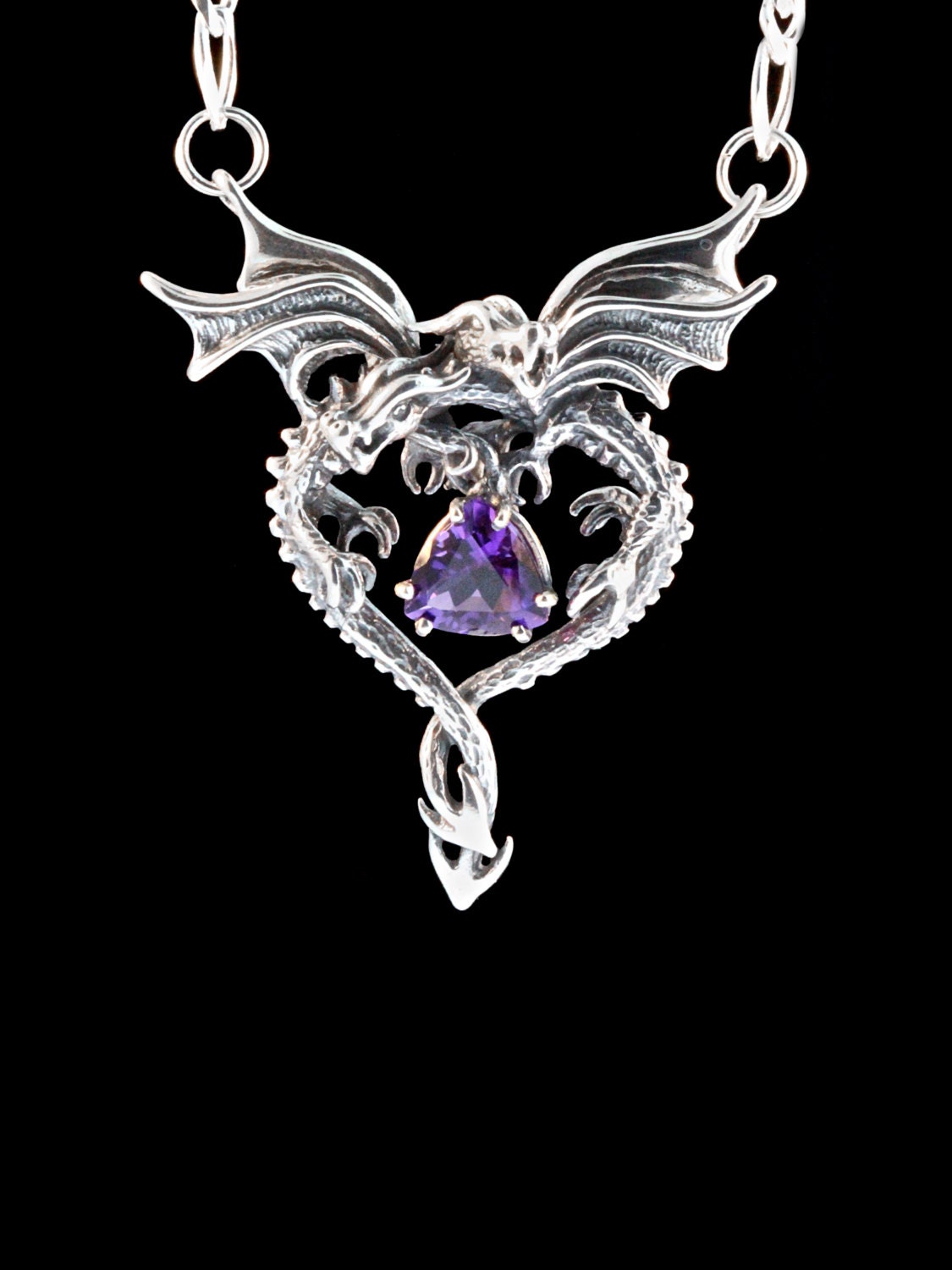 Dragon Necklace Silver Dragon Heart Pendant with Amethyst