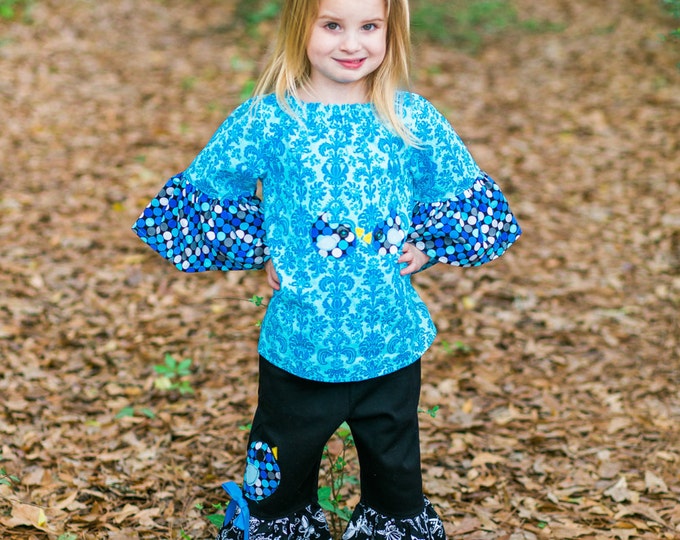 Little Girls Boutique Outfit - Toddler Girl Clothes - Ruffle Pants Outfit - Birthday - Blue - Peasant Top - 2pc Set - sz 2T to 8 years