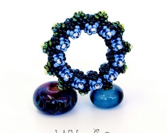 SALE Horned Donut Beaded in Blue Green Glass Seed Beads