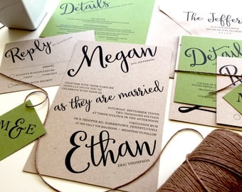 Angled Script Wedding Invitation Set, Twine Kraft Paper Rustic Invitation Cursive Invitations Green Brown Recycled Wedding Invitation