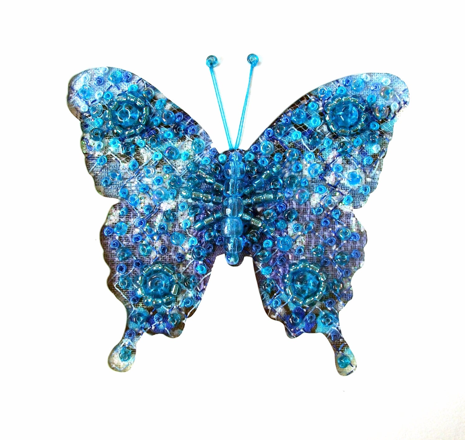 Blue butterfly beaded embroidered fabric art greeting card