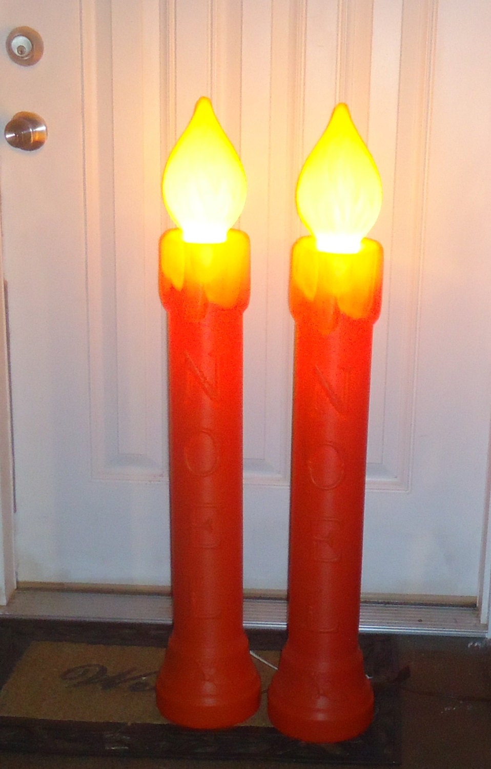 2 Red Christmas Noel Blow Mold Light Up Candles Yard Porch