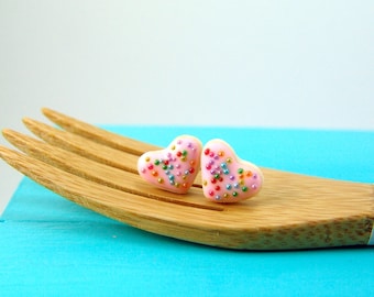 Food Jewelry // Heart Shaped Cookie Earrings in Pink Rainbows // MADE TO ORDER // Post Earrings