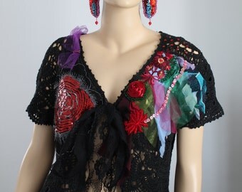 Black Boho Chic Gypsy Lace Hand Crochet Embroidered Beaded Tattered Sweater Jacket Cardigan Shrug Textile Collage - OOAK - Size L - XL