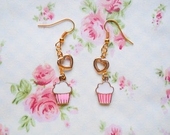 Cupcake Earrings, Charm Earrings, Cupcake Charm Earrings, Gold Cupcake Earrings, Kawaii Earrings, Sweet Lolita, Cute Earrings, Gold Plated