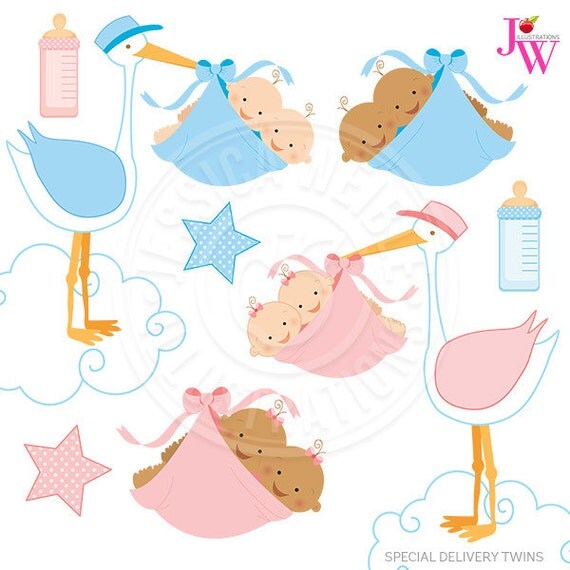 Special Delivery TWINS Cute Digital Clipart for Card Design, Scrapbooking, and Web Design Il_570xn