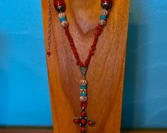 Cross Pendant Necklace with Coral & Turquoise