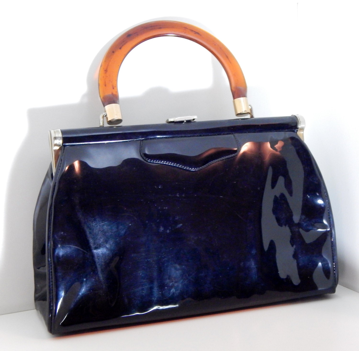 Vintage Purse Black Patent Leather Handbag Mid Century Fashion