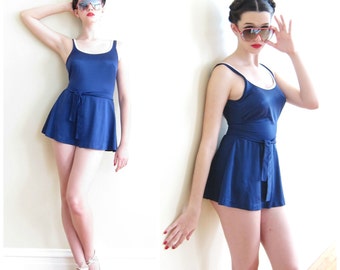 Vintage 1970s Blue and White Swimsuit / 70s One Piece Maillot with Skirt over Boycut Shorts / Medium