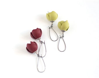 Modern style leather earrings in dark red wine or lemon green