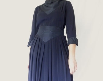 Vintage Navy Blue Rayon 30s dress, Old Hollywood movie star, taffeta cowl neck V Waist, SIZE M, Starlit, Jackpot Jen
