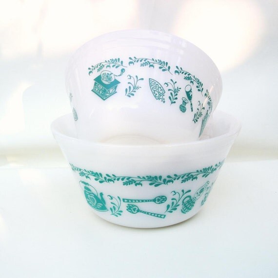 Vintage Turquoise Bowls Nesting Bowls Federal Milk Glass