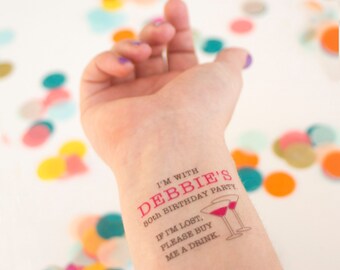 50th Birthday Party Custom Temporary Tattoos, If Lost, Buy Me a Drink Tattoo, 50 and Fabulous, Personalized Party Favors, Fiftieth Birthday
