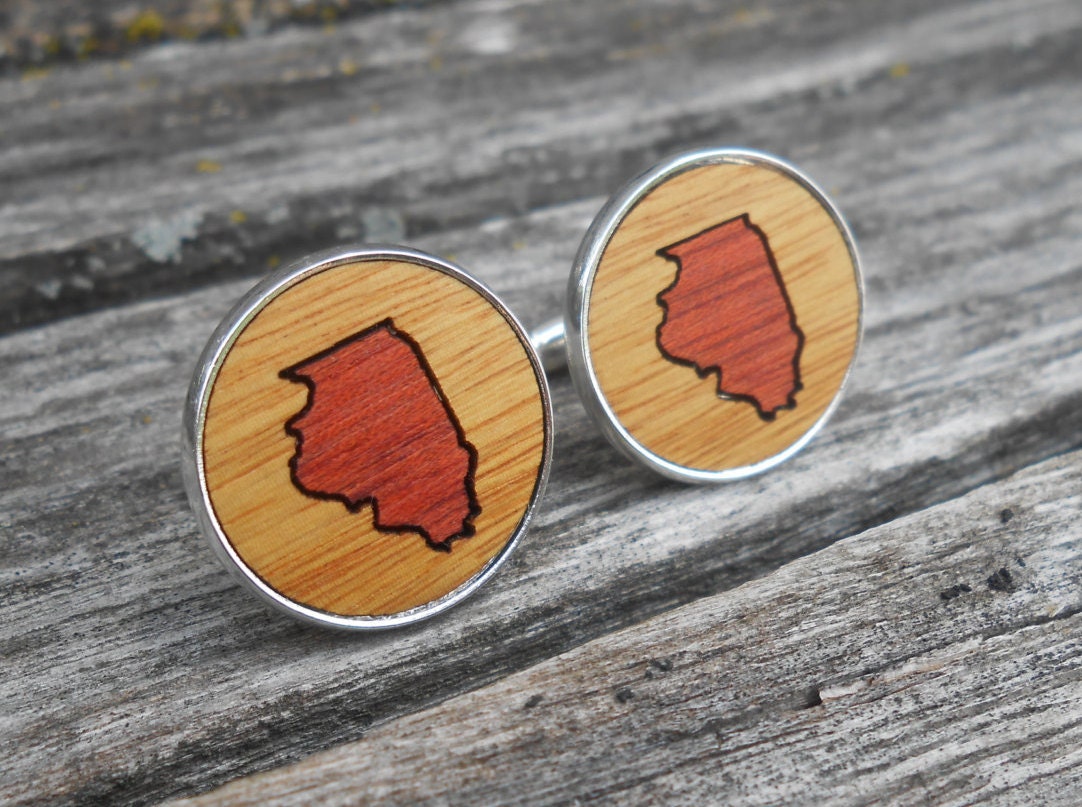 Wood Inlay ILLINOIS Cufflinks. Laser Engraved. Wedding