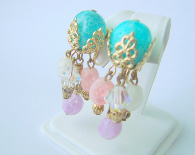 Ornate Pastel Lucite Chandelier Earrings / Crystal / Multi Color / Clips / Jewelry / Jewellery