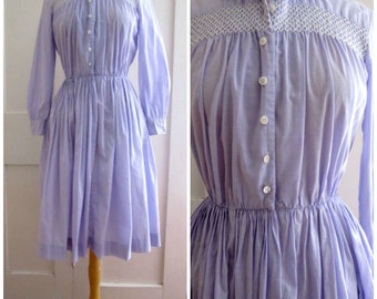 1950s Cotton Shirtwaist Dress - Rockabilly Dress - Lavender - Purple - Smocked - Circle Skirt