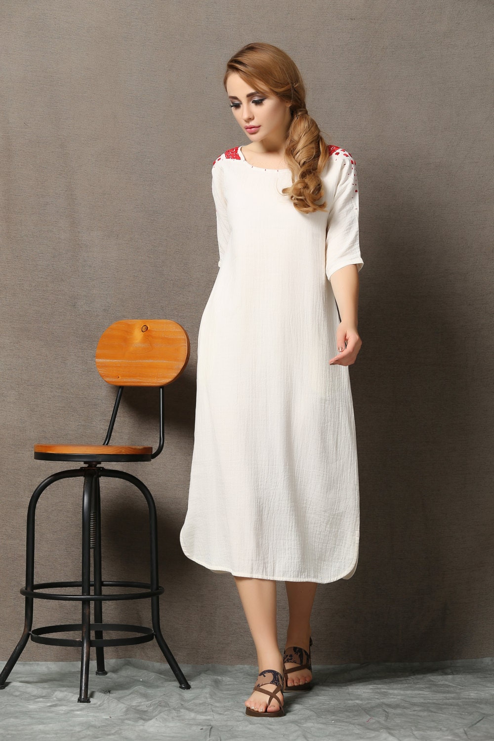 Simple Linen Dress White Women's Dress with Red