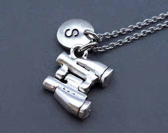 Binoculars necklace, filed glasses, binocular telescopes, opera glasses, initial hand stamped, personalized, monogram