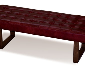 Distressed Brown Genuine Leather Upholstered Bench Ottoman