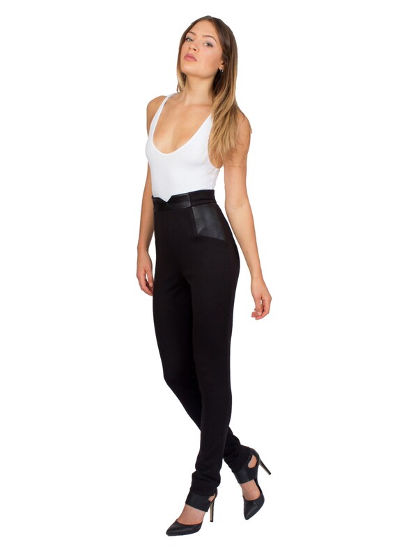 High Waist Pants Black Pants Leather Pants No Pockets by tetianak