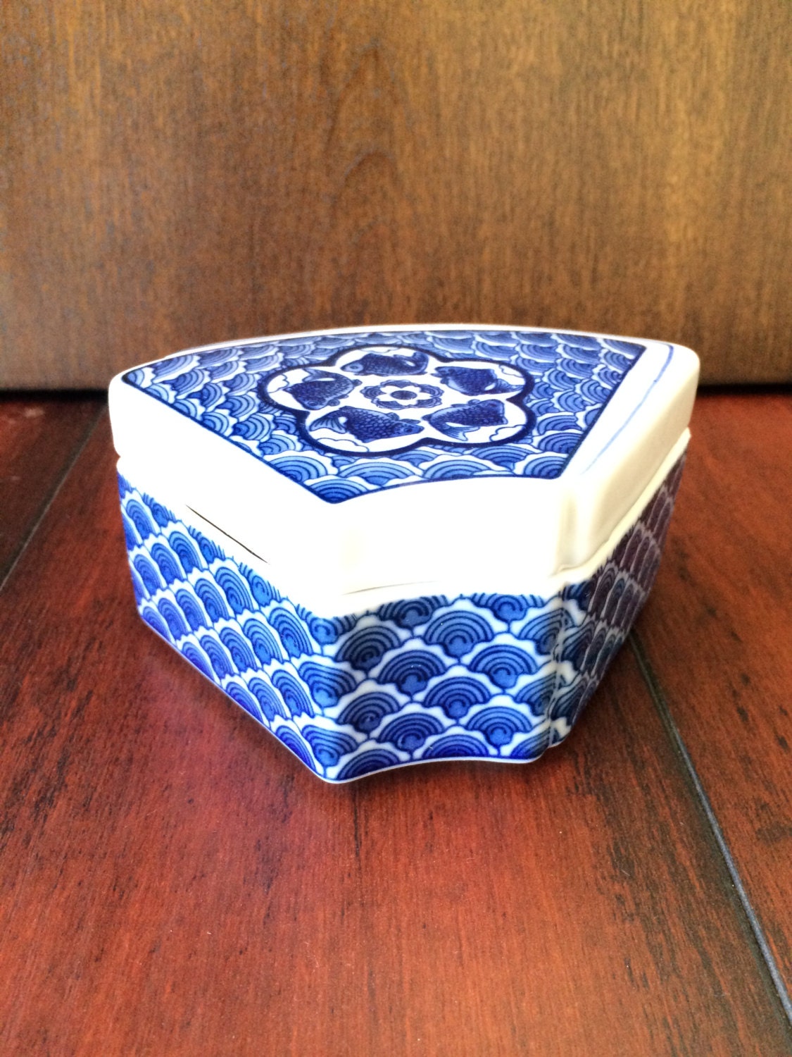 Blue and White Porcelain Box, Ceramic by Mann, Cerammic Box With Fish, “Blue Wave” by mann
