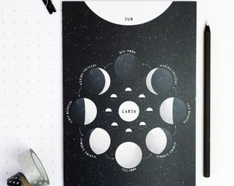 MOON PHASES NOTEBOOK Stationery Gift. Black Educational Night Sky Astronomy Plain Pages Science Geek Back to School Teacher Gift For Him Her