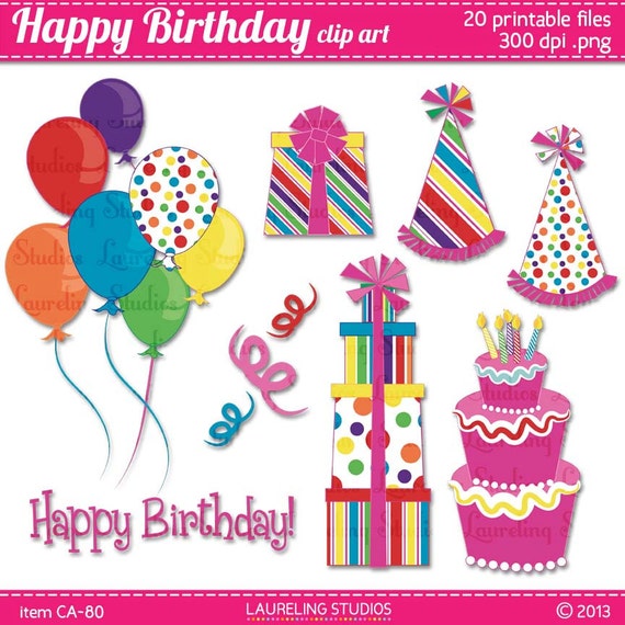 Items similar to happy birthday clip art with clipart balloons, hats ...