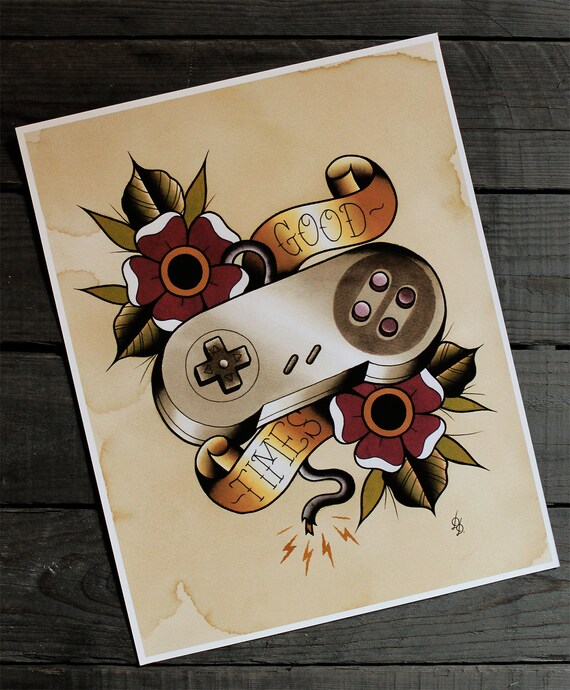 Nintendo Super Nes Traditional Tattoo Flash Print