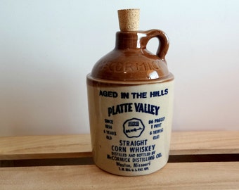 Vintage McCormick Platte Valley Pint Straight Corn Whiskey Jug with Cork, Barware, Empty Decanter, 86 Proof, Home Office Bar Decor