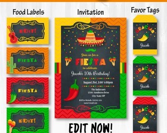Fiesta Invitations, Fiesta Food Labels & Fiesta Party Tags!! - INSTANTLY DOWNLOADABLE and EDITABLE - Personalize at home with Adobe Reader!