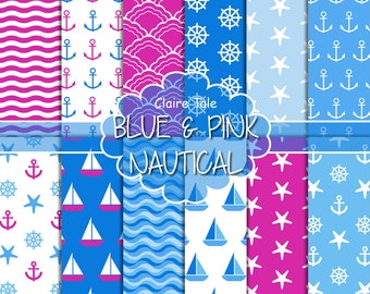 Digital Paper Navy Nautical Pale pink Marine Girly Background