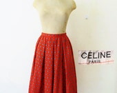70s CELINE skirt, red wool and silk designer skirt, 1970s designer midi pleated skirt, high fashion provençal folk print, size M L 10 12 14