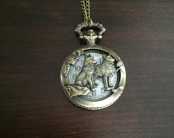 Wolf Necklace - Bronze Locket Necklace - Pocket Watch Necklace - Clock Necklace - Wedding Jewelry - Wedding Birthday Bridesmaid Gift