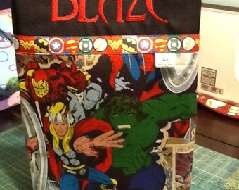 Personalized tote bag made with fabric featuring Thor, Captain America, Hulk, Ironman,