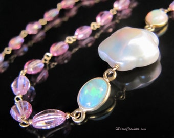 Long gemstone necklace, pink layering gold chain, ethiopian opal jewelry, baroque flower cherry blossom pearls - Alhambra. Maria Cossutta.