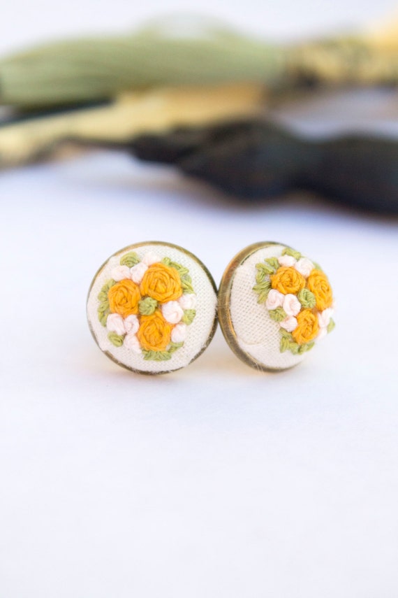 Custom Embroidered Earrings Floral Stud Earrings by Embitchery