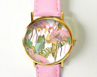 Pink Flamingo Tropical Watch , Vintage Style Leather Watch, Women Watches, Unisex Watch, Boyfriend Watch, Men's Watch, Palm Leaves , Jewelry