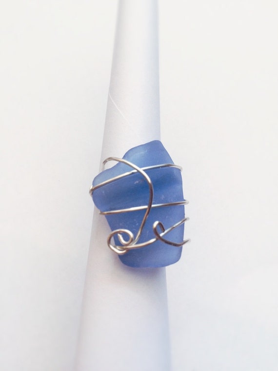 Blue Sea Glass Ring, Genuine Cobalt Blue Texas Sea Glass wire wrapped Ring size 7, Beach Glass Mermaid Jewelry, Blue Jewelry for ladies