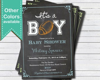 American football baby shower invitation. Retro chalkboard it's a boy. American football, rugby, sport theme couple baby shower invite B156